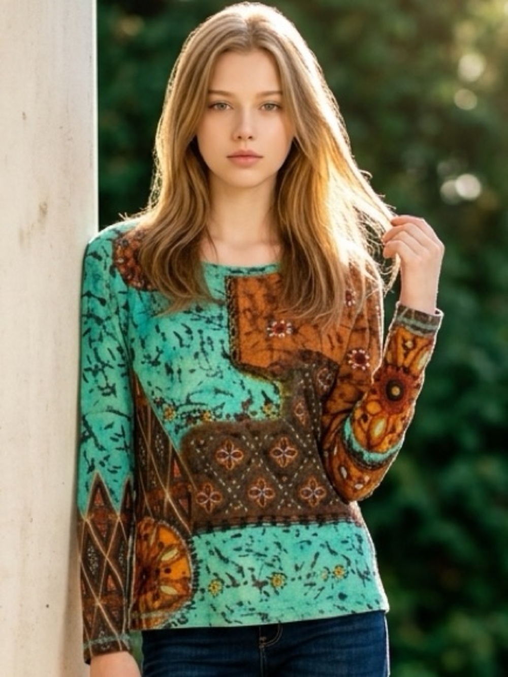 Chico’s Women’s Casual Boho Patchwork Long Sleeve Top Teal Orange Size 1